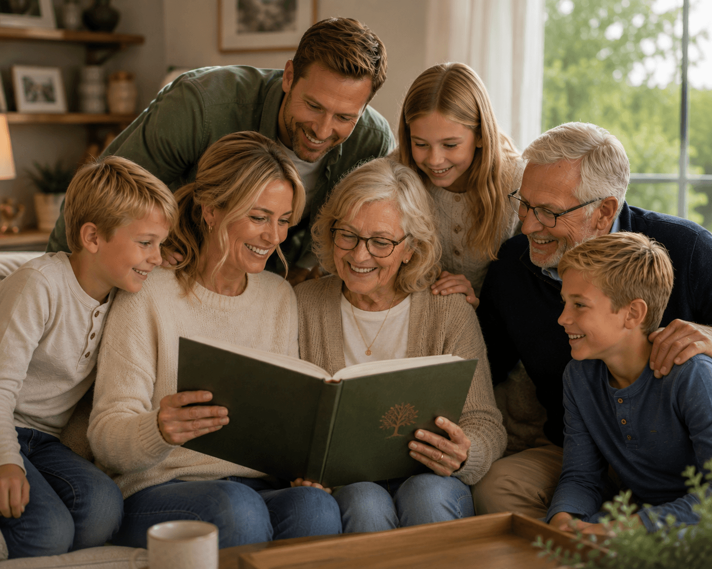A family gathered together to look through a memory book